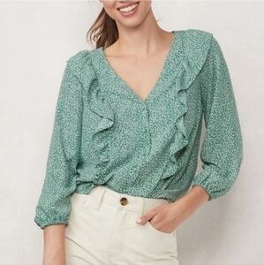 Green Floral Ruffle Top